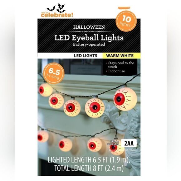 Lot of two Halloween 10-Count Battery Operated EyeballLights, w/Warm White LED - Picture 5 of 8
